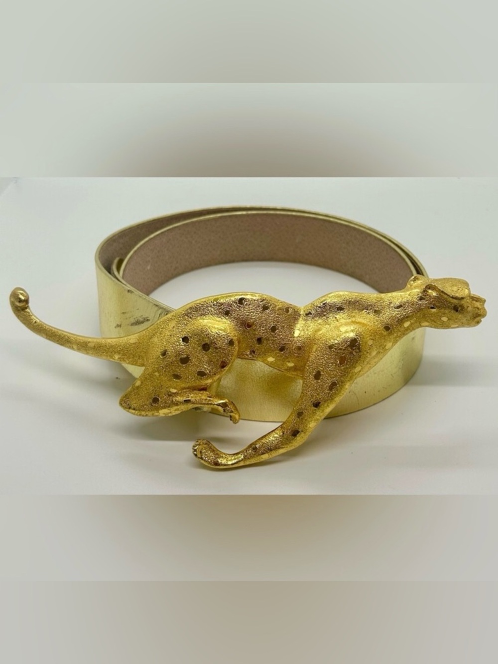 Christopher Ross Gold Cheetah Vintage Belt Buckle & Metallic Gold Leather Belt